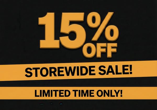 Promotional sign with 15% off storewide sale on a black background
