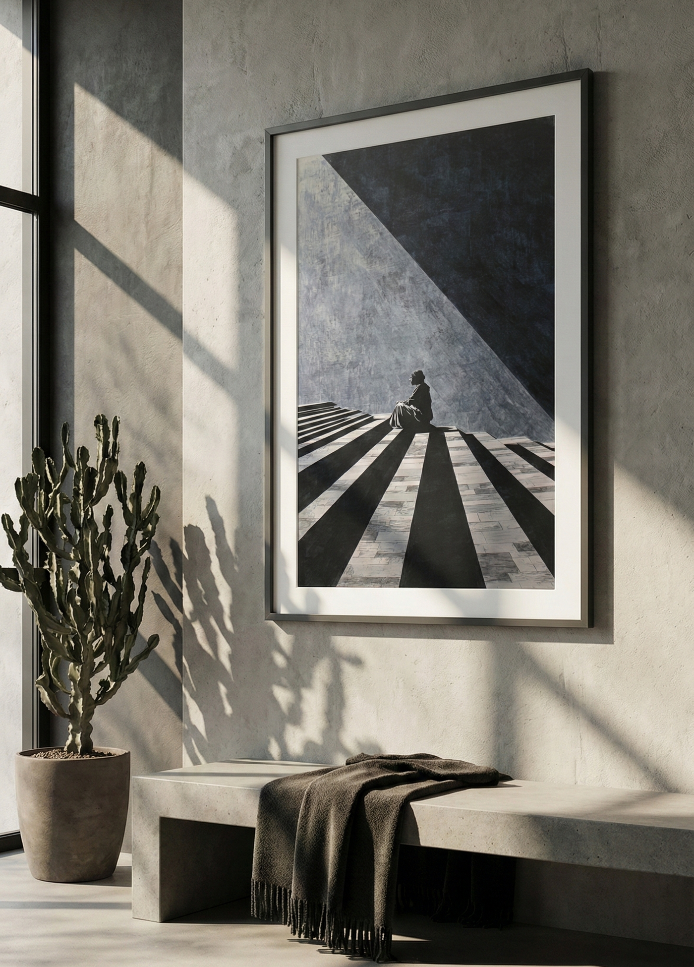 High-contrast black and white illustration of a figure sitting on striped steps with dramatic geometric shadows.