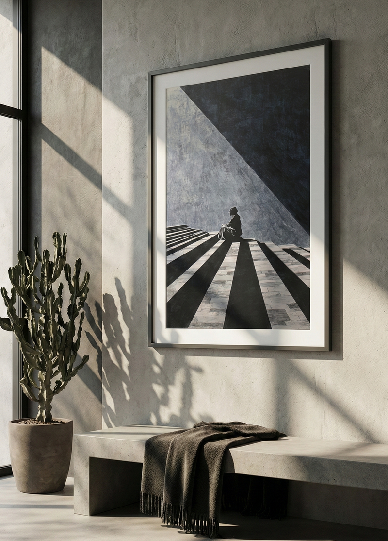High-contrast black and white illustration of a figure sitting on striped steps with dramatic geometric shadows.