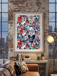 Edgy street art collage print featuring a tattooed Alice in Wonderland character wearing glasses and a t-shirt that says "Crazy Bitch" against a background of torn posters, created by Artazyn.