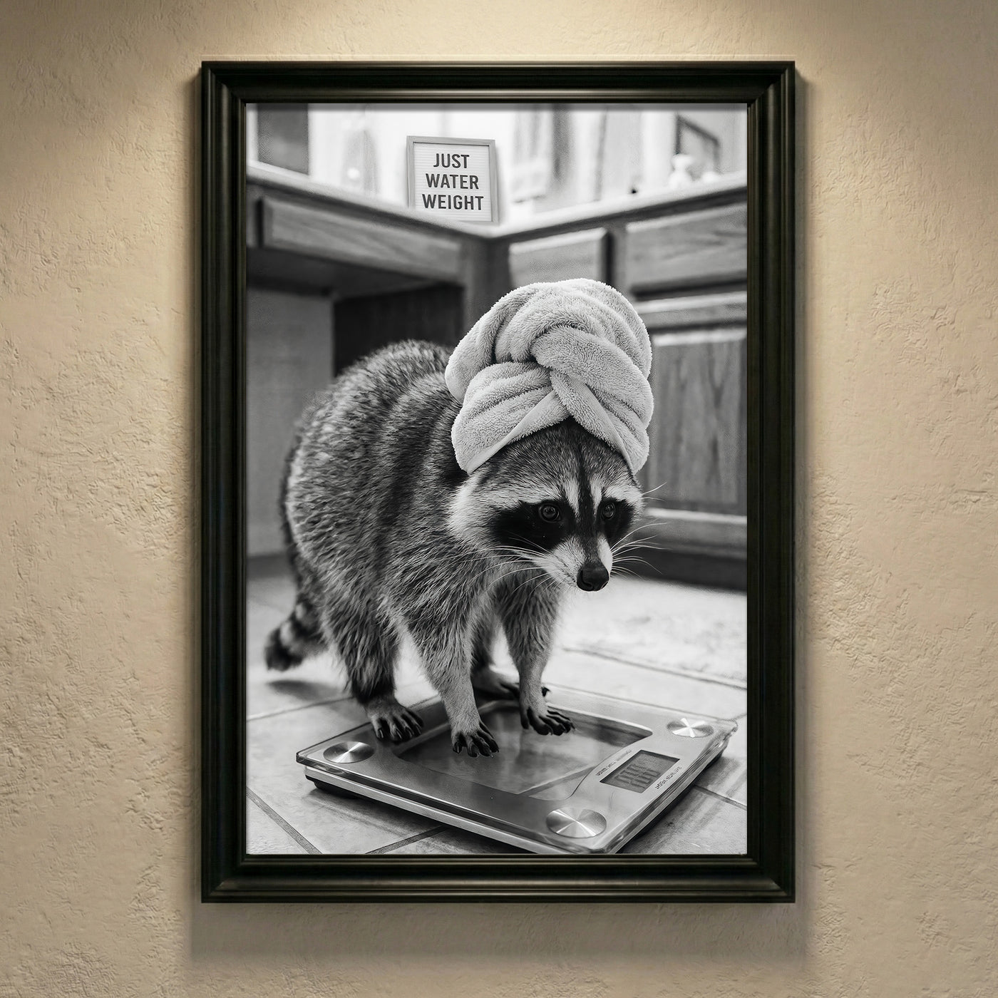 A crisp black and white photograph of a raccoon standing on a glass bathroom scale wearing a towel turban next to a sign that says JUST WATER WEIGHT, created by Artazyn.