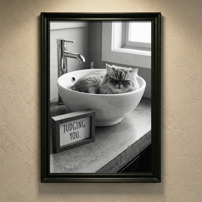 A crisp black and white photograph of a fluffy Persian cat sitting inside a white porcelain vessel sink next to a framed sign that says JUDGING YOU, created by Artazyn.
