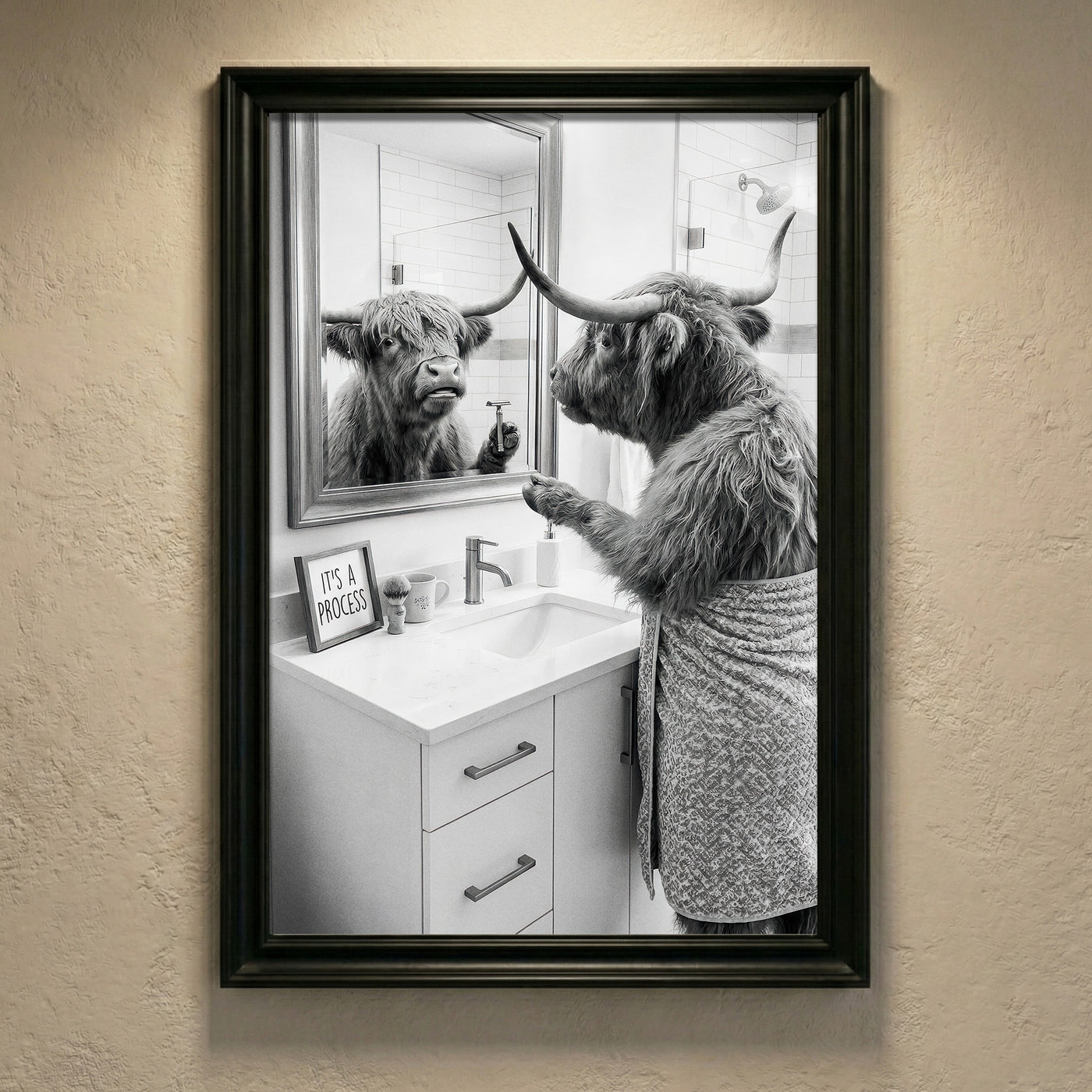 A crisp black and white photograph of a Highland cow looking in a bathroom mirror and holding a razor, with a small sign that says IT'S A PROCESS, created by Artazyn.