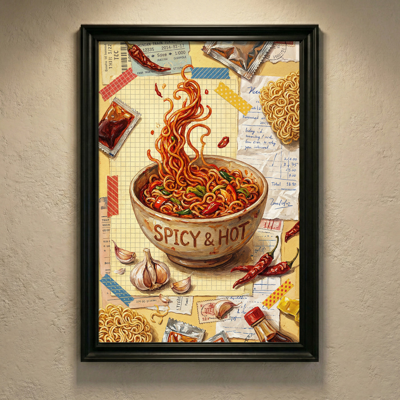 Collage style art print of a bowl of spicy ramen noodles labeled "SPICY & HOT" with floating noodles, garlic, and chili peppers against a background of receipts and train tickets.