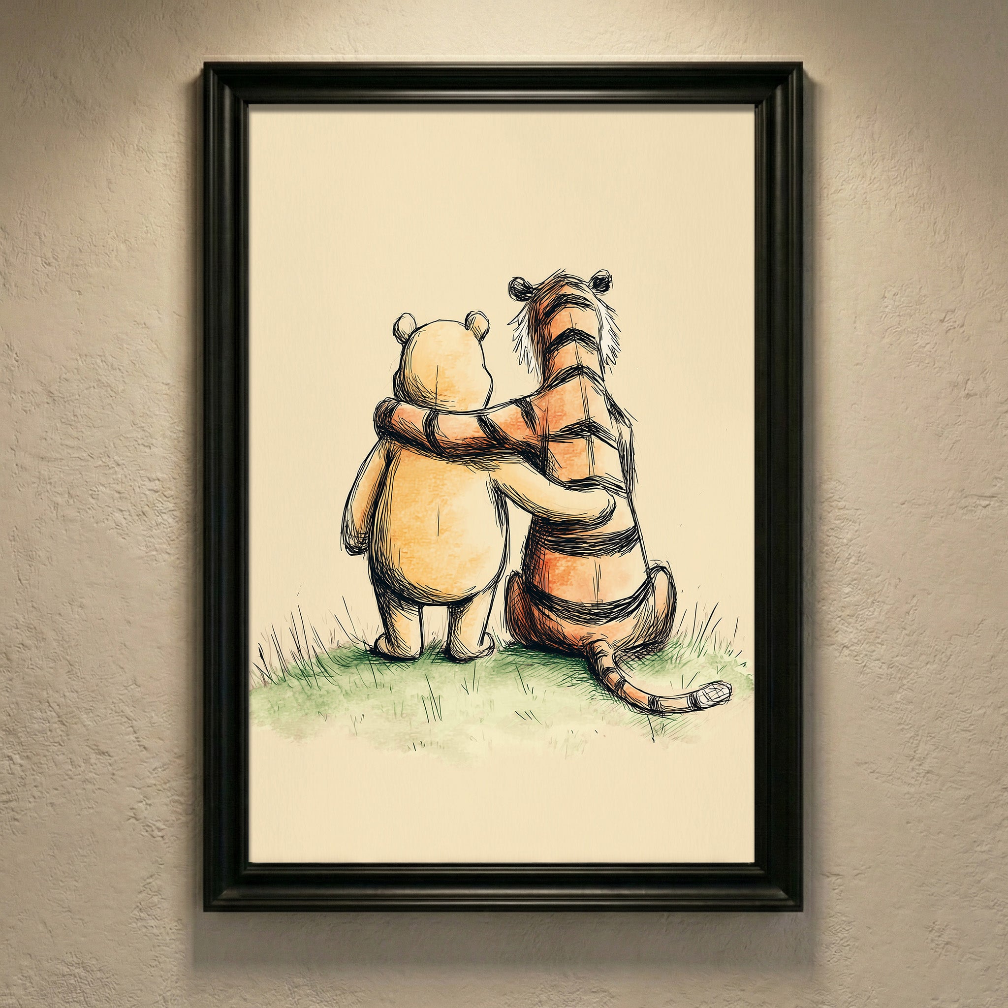 Vintage style pencil and watercolor sketch of a classic chubby bear and a striped tiger sitting together from behind with their arms around each other, looking out into the distance, created by Artazyn.