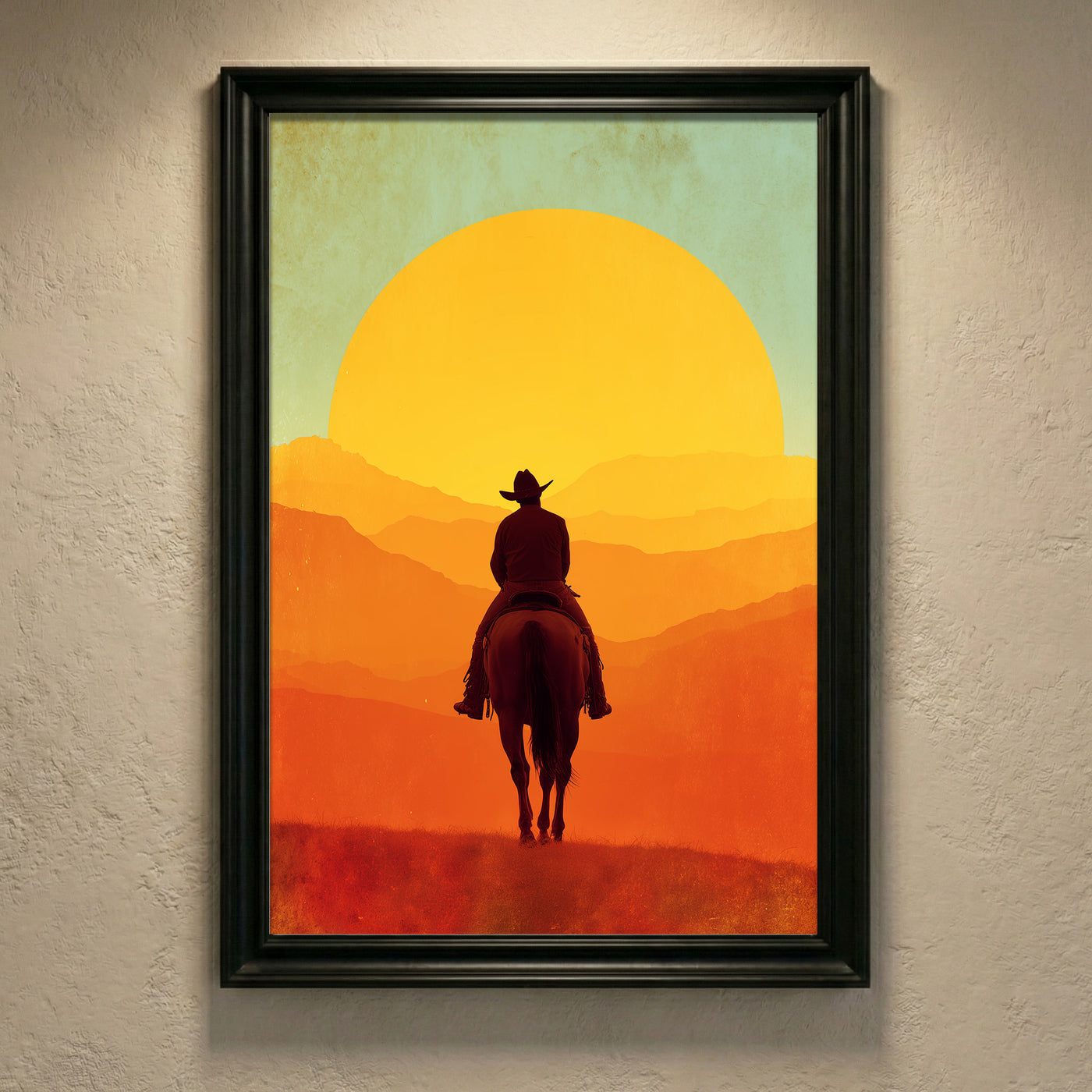 Retro vintage style illustration of a silhouette of a cowboy on horseback riding toward a massive bright orange and yellow setting sun over layered mountain ridges, created by Artazyn.