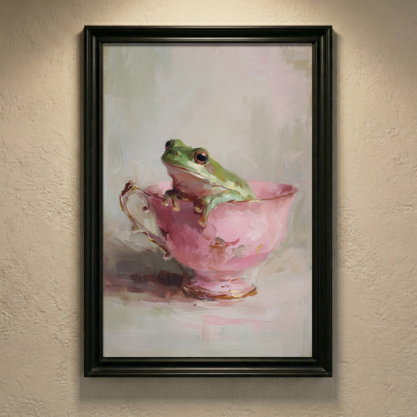An impressionistic oil painting of a green tree frog sitting inside a vintage pink teacup with gold trim, featuring thick visible brushstrokes and a moody atmospheric background, created by Artazyn.