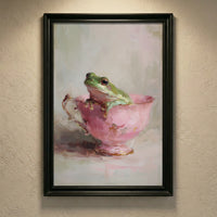 An impressionistic oil painting of a green tree frog sitting inside a vintage pink teacup with gold trim, featuring thick visible brushstrokes and a moody atmospheric background, created by Artazyn.