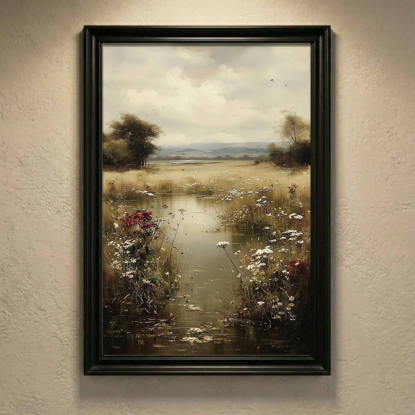 A moody impressionist oil painting of a marshy landscape filled with white daisies and dark red wildflowers under a heavy overcast sky, created by Artazyn.