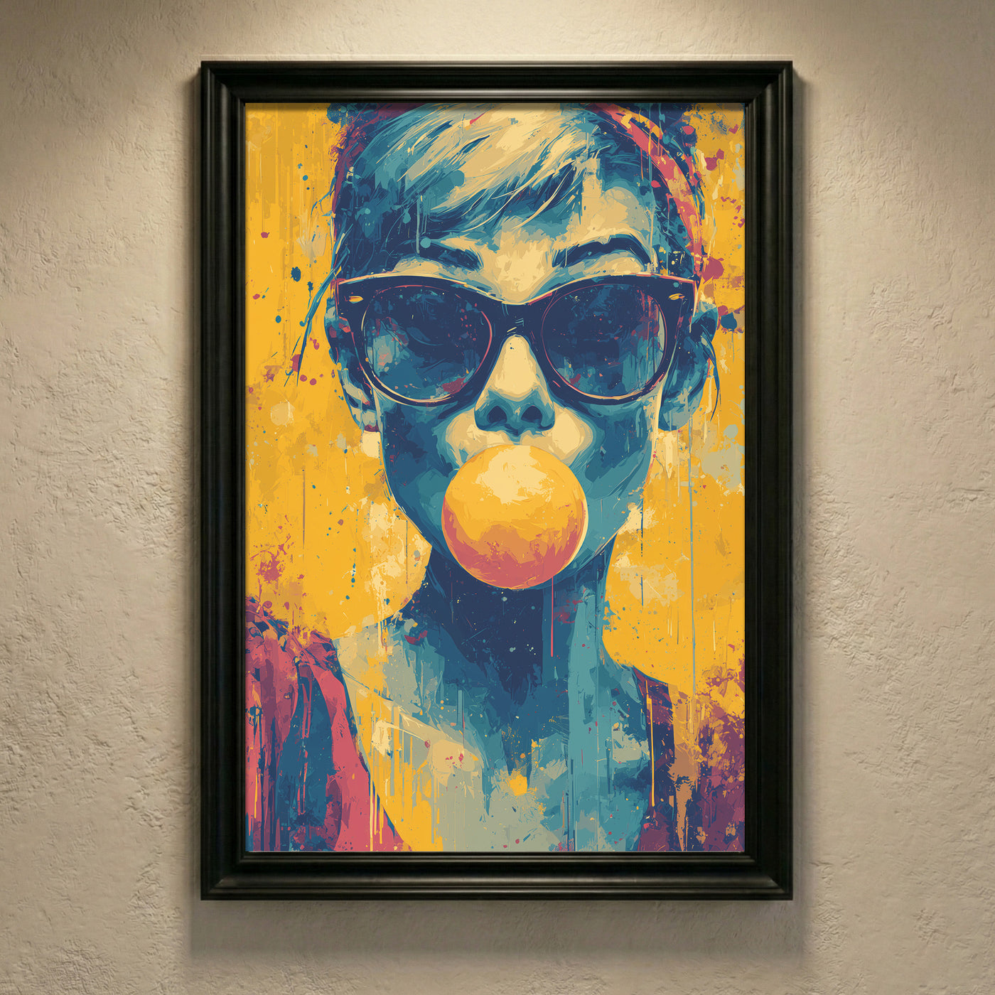 Vibrant pop art portrait of a person blowing a pink bubblegum bubble while wearing sunglasses, yellow and blue paint splatter style.