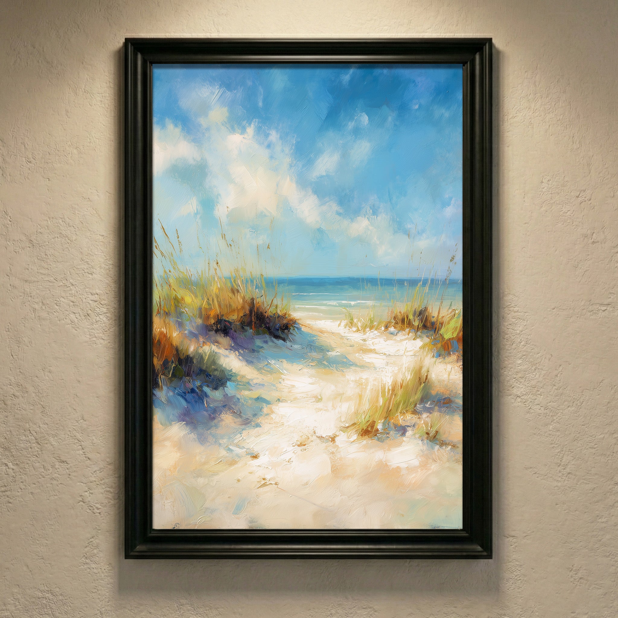 Impressionist style oil painting of a sandy path through beach dunes with sea grass leading to a bright blue ocean under a breezy, partly cloudy sky, created by Artazyn.