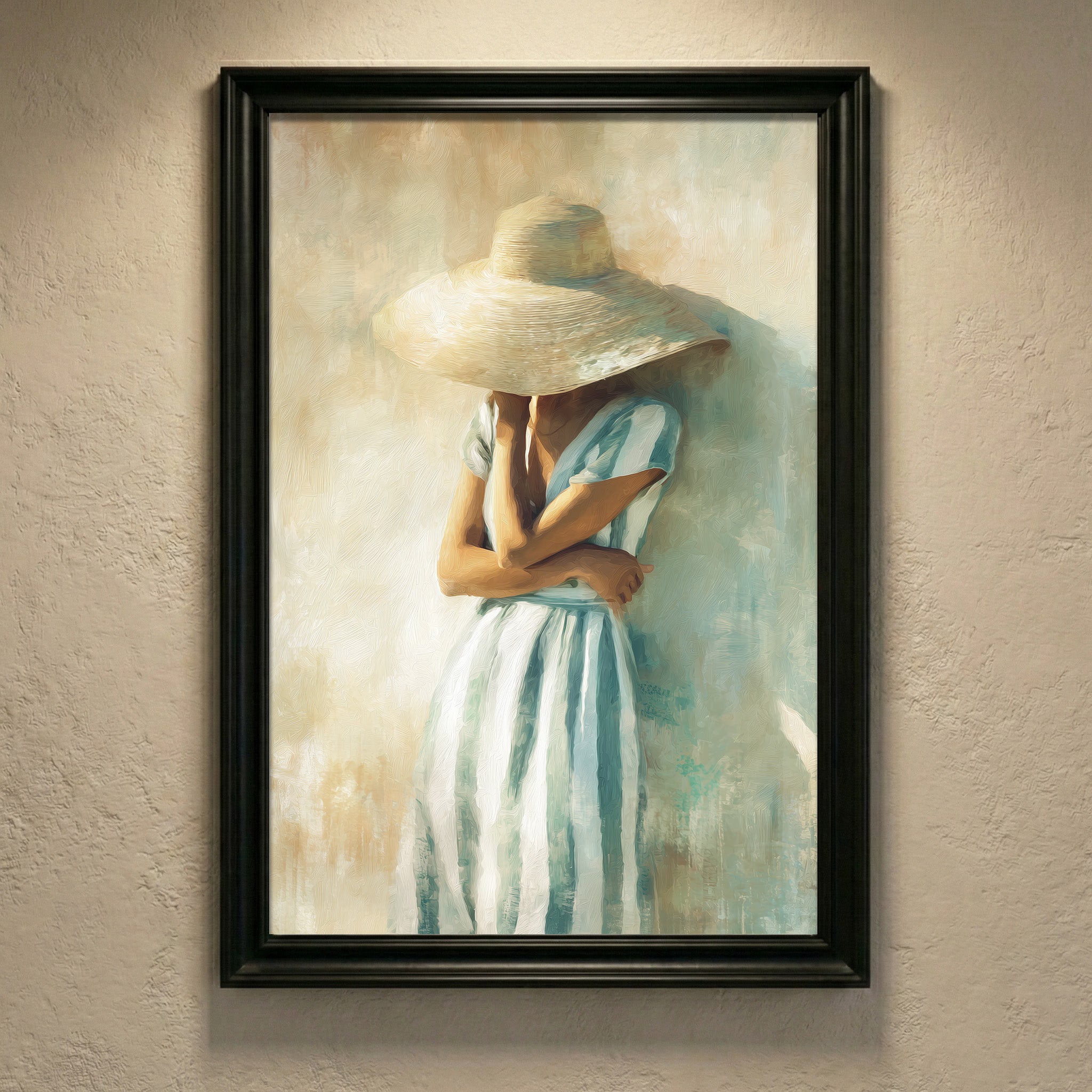 A soft, impressionist oil painting of an elegant woman in a blue and white striped dress wearing a large sun hat that hides her face, created by Artazyn.