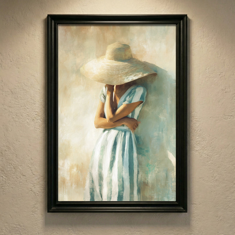 A soft, impressionist oil painting of an elegant woman in a blue and white striped dress wearing a large sun hat that hides her face, created by Artazyn.
