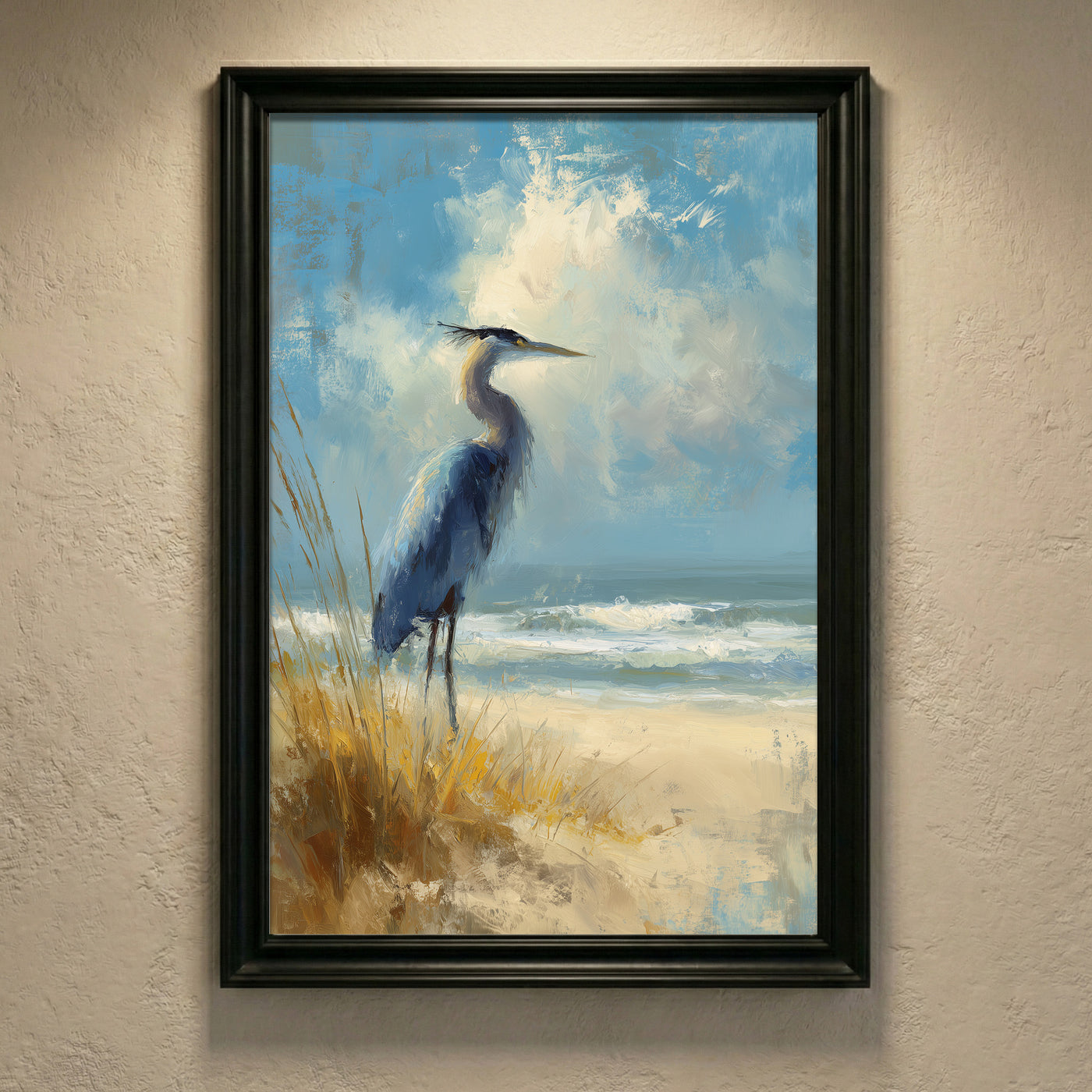 A high-detail palette knife painting of a Great Blue Heron standing on a sandy beach among sea oats under a blue sky with crashing waves, created by Artazyn.