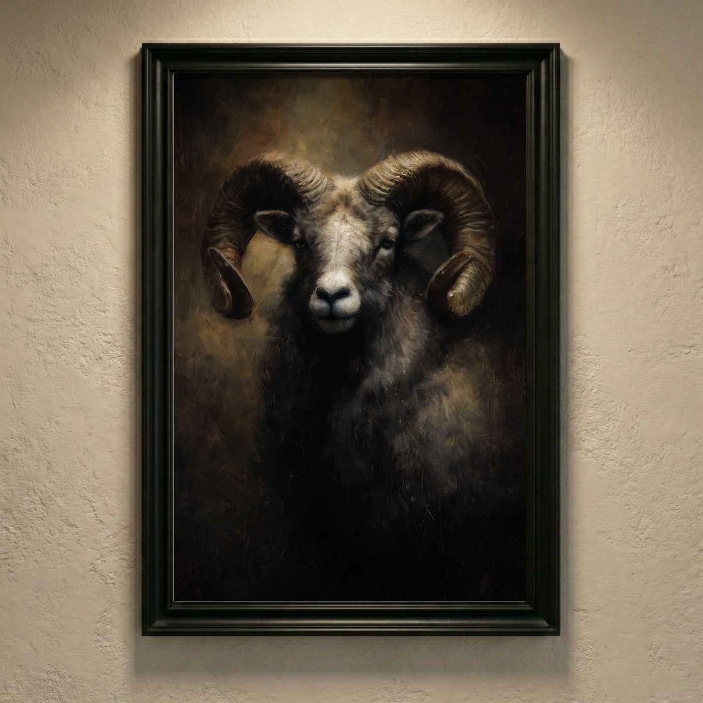 A moody oil painting of a ram with large, powerful curled horns and a calm yet stoic expression against a dark, atmospheric background, created by Artazyn.