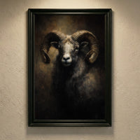 A moody oil painting of a ram with large, powerful curled horns and a calm yet stoic expression against a dark, atmospheric background, created by Artazyn.