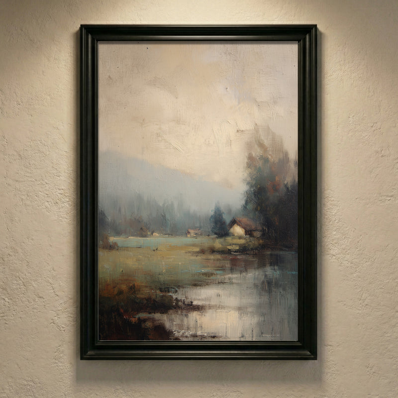 A vintage-style oil painting of a small cabin nestled near a misty lake and a dark forest under a foggy, overcast sky, created by Artazyn.
