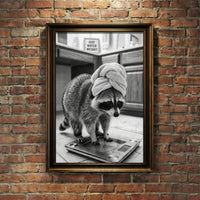A crisp black and white photograph of a raccoon standing on a glass bathroom scale wearing a towel turban next to a sign that says JUST WATER WEIGHT, created by Artazyn.