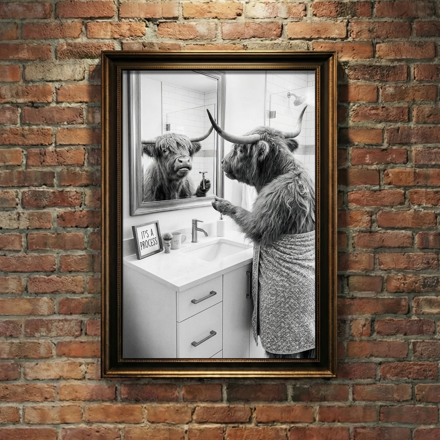 A crisp black and white photograph of a Highland cow looking in a bathroom mirror and holding a razor, with a small sign that says IT'S A PROCESS, created by Artazyn.