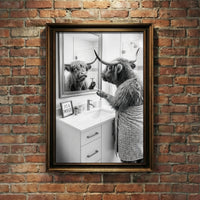 A crisp black and white photograph of a Highland cow looking in a bathroom mirror and holding a razor, with a small sign that says IT'S A PROCESS, created by Artazyn.