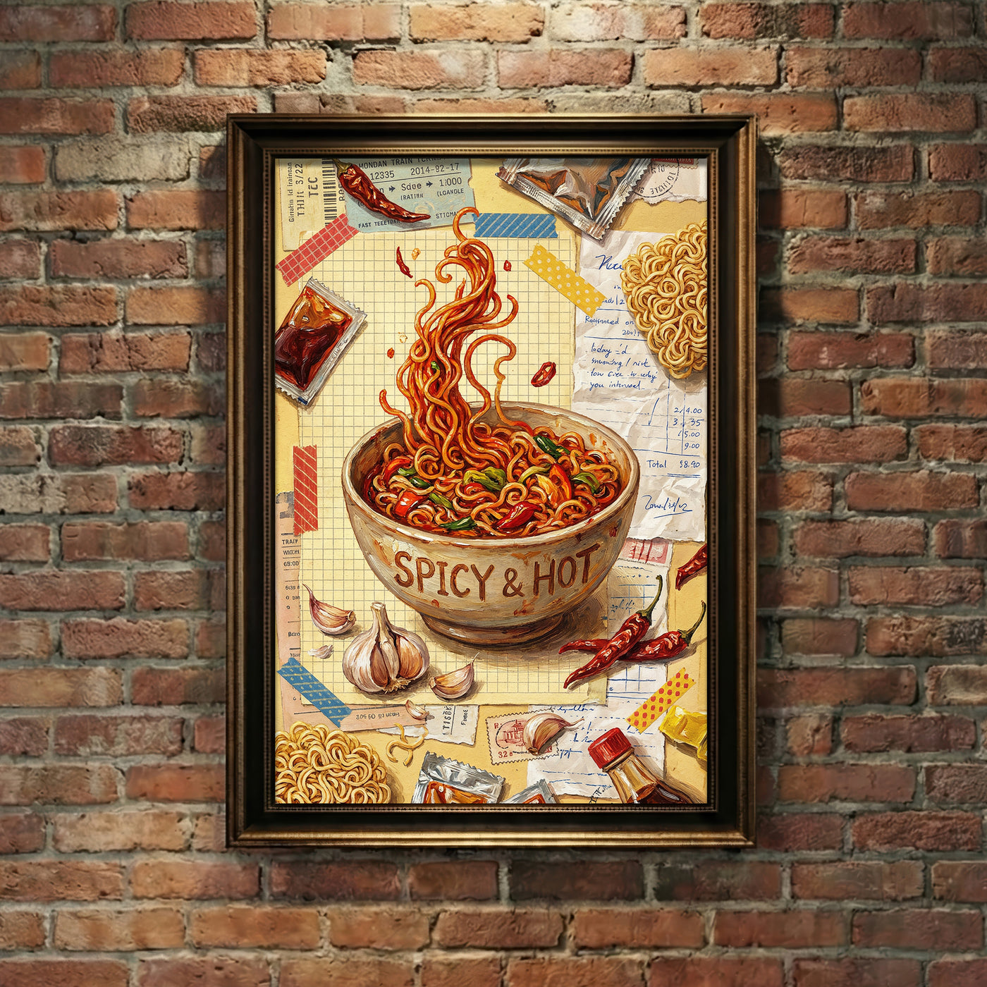 Collage style art print of a bowl of spicy ramen noodles labeled "SPICY & HOT" with floating noodles, garlic, and chili peppers against a background of receipts and train tickets.