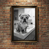 A crisp black and white photograph of a bulldog sitting on a marble bathroom counter wearing a spa headband and face cream next to a sign that says AGELESS, created by Artazyn.