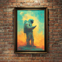 Colorful painterly art print of an astronaut standing on an alien planet looking at a smartphone, rendered in teal, yellow, and orange impasto strokes by Artazyn.
