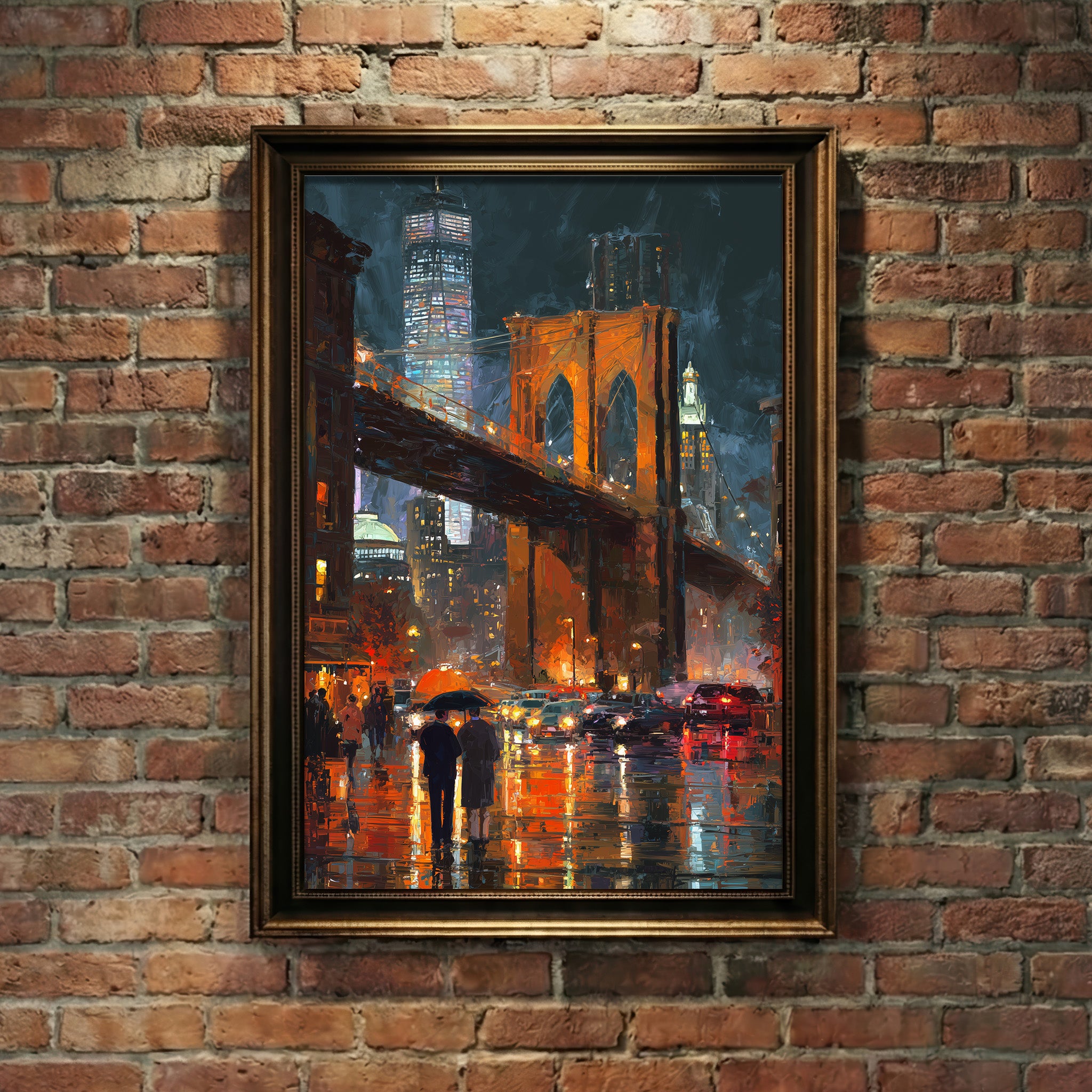Thick impasto style oil painting of the Brooklyn Bridge illuminated at night during a rainstorm, with glowing orange lights reflecting on the wet street and two figures holding an umbrella, created by Artazyn.