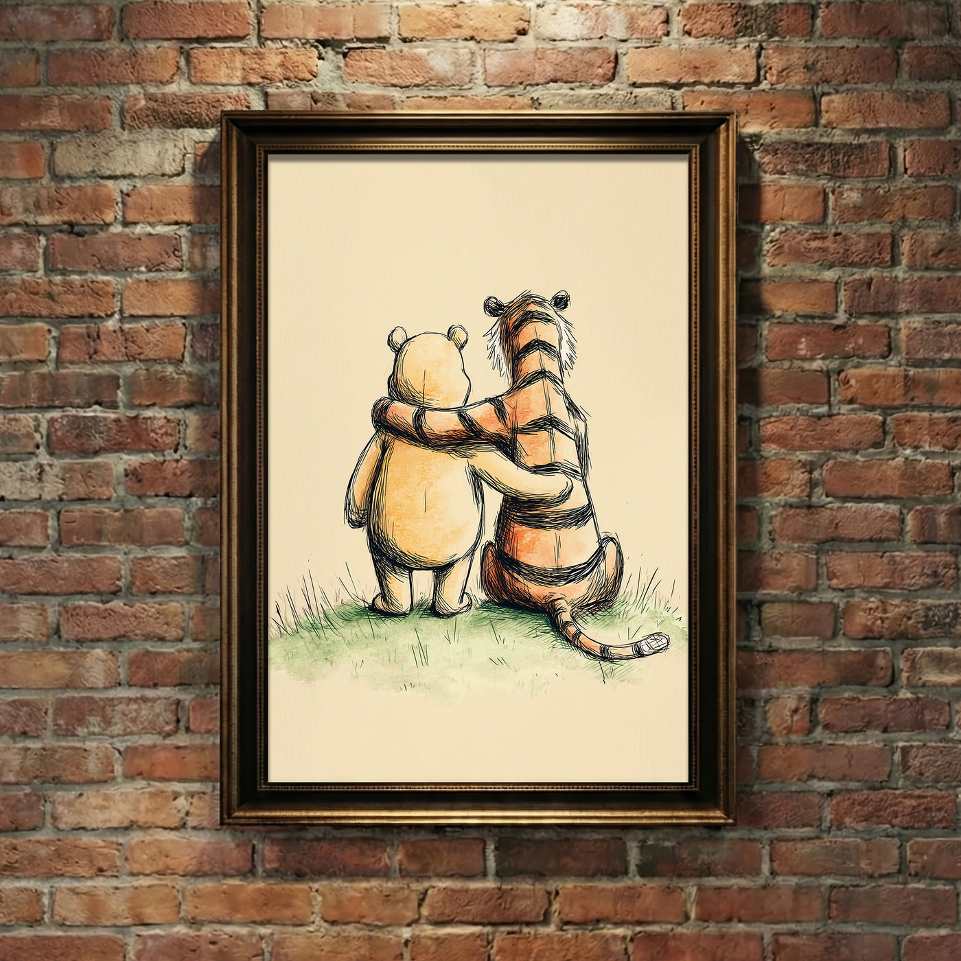 Vintage style pencil and watercolor sketch of a classic chubby bear and a striped tiger sitting together from behind with their arms around each other, looking out into the distance, created by Artazyn.