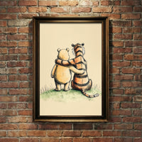 Vintage style pencil and watercolor sketch of a classic chubby bear and a striped tiger sitting together from behind with their arms around each other, looking out into the distance, created by Artazyn.