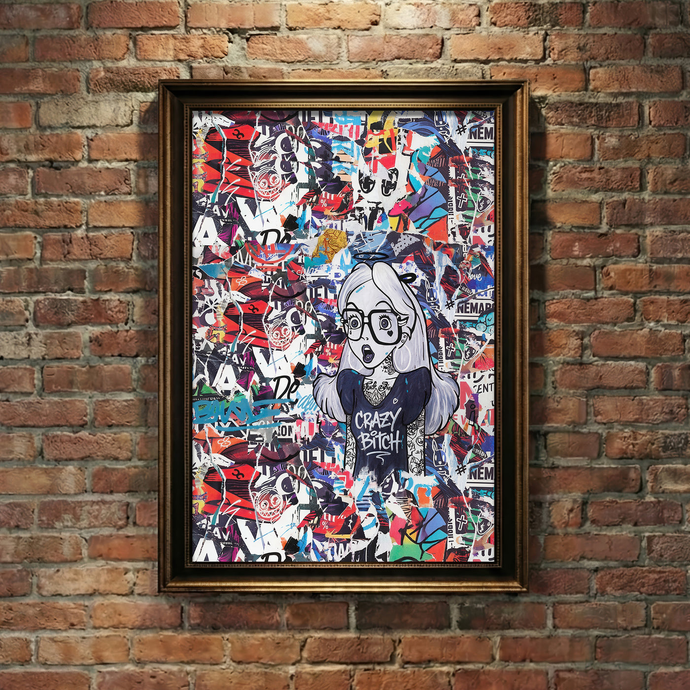 Edgy street art collage print featuring a tattooed Alice in Wonderland character wearing glasses and a t-shirt that says "Crazy Bitch" against a background of torn posters, created by Artazyn.