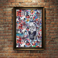 Edgy street art collage print featuring a tattooed Alice in Wonderland character wearing glasses and a t-shirt that says "Crazy Bitch" against a background of torn posters, created by Artazyn.