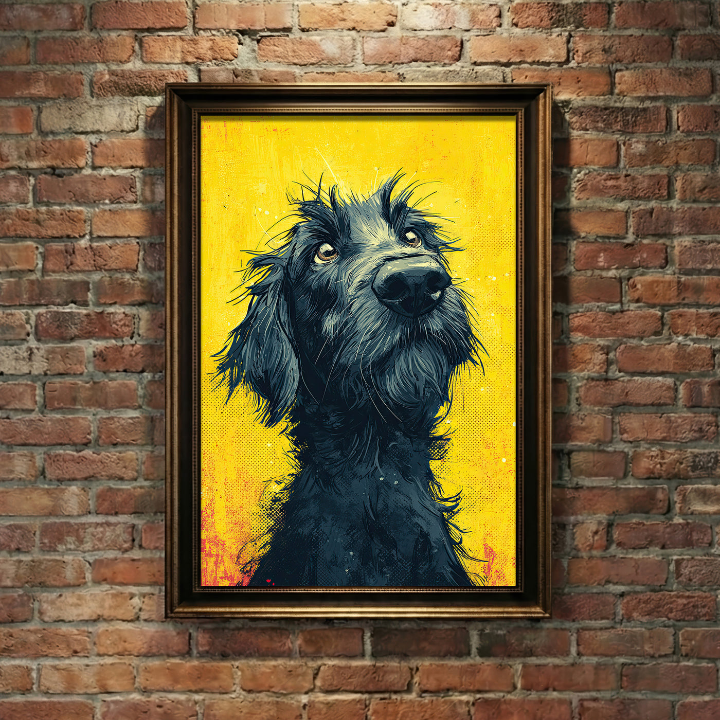 Vibrant pop art style print of a scruffy black dog looking up with soulful eyes against a distressed yellow background with halftone patterns.