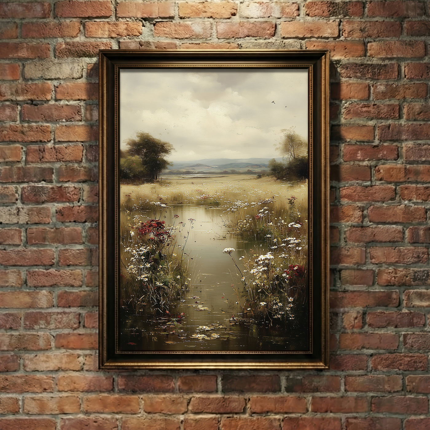A moody impressionist oil painting of a marshy landscape filled with white daisies and dark red wildflowers under a heavy overcast sky, created by Artazyn.