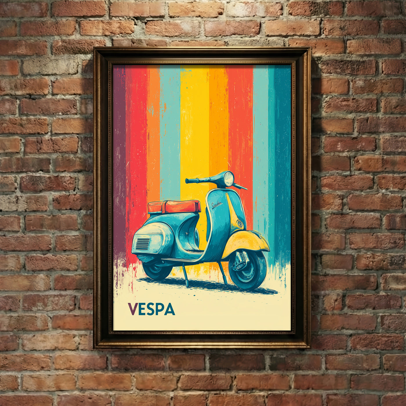 Distressed vintage-style poster illustration of a classic teal and yellow scooter parked in front of colorful retro vertical stripes in red, orange, and blue.