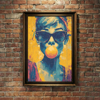 Vibrant pop art portrait of a person blowing a pink bubblegum bubble while wearing sunglasses, yellow and blue paint splatter style.