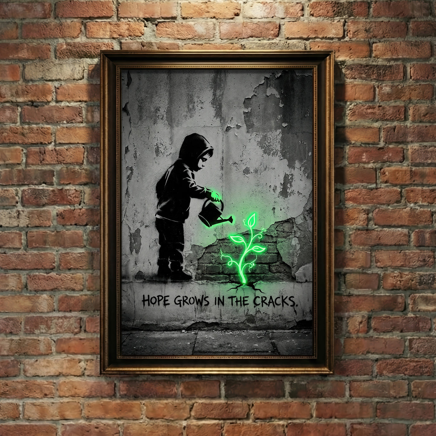 A monochromatic Banksy-style street art print of a hooded child watering a glowing neon green plant growing from a cracked wall with stenciled text reading HOPE GROWS IN THE CRACKS, created by Artazyn.