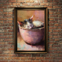A warm-toned impressionist oil painting of a calico kitten sleeping soundly while curled up inside a pink ceramic bowl, featuring visible painterly brushstrokes and soft lighting, created by Artazyn.