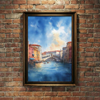 A soft impressionist watercolor painting of the Grand Canal in Venice featuring the Rialto Bridge, gondolas on the water, and a vibrant blue sky with soft clouds, created by Artazyn.