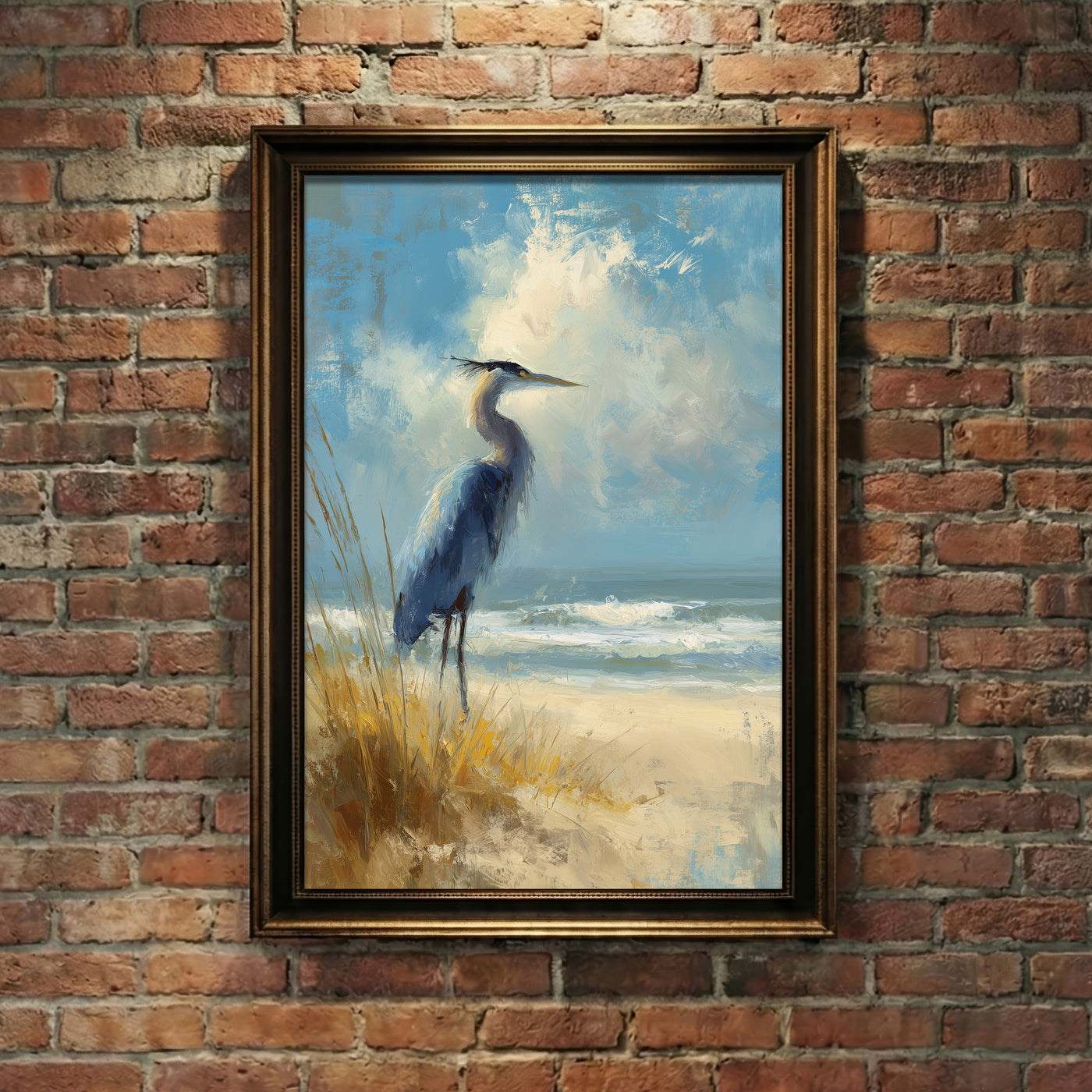 A high-detail palette knife painting of a Great Blue Heron standing on a sandy beach among sea oats under a blue sky with crashing waves, created by Artazyn.