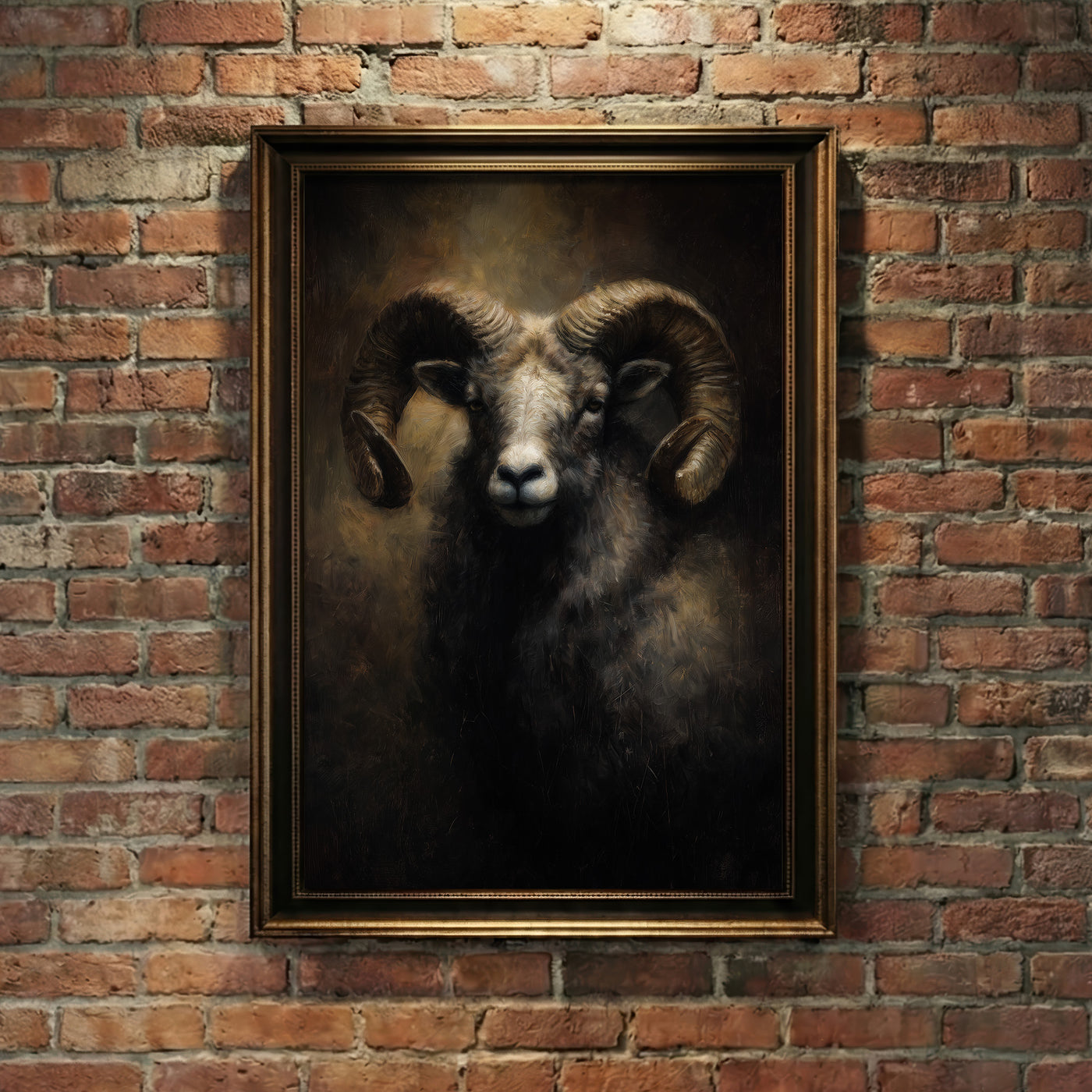 A moody oil painting of a ram with large, powerful curled horns and a calm yet stoic expression against a dark, atmospheric background, created by Artazyn.