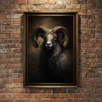 A moody oil painting of a ram with large, powerful curled horns and a calm yet stoic expression against a dark, atmospheric background, created by Artazyn.