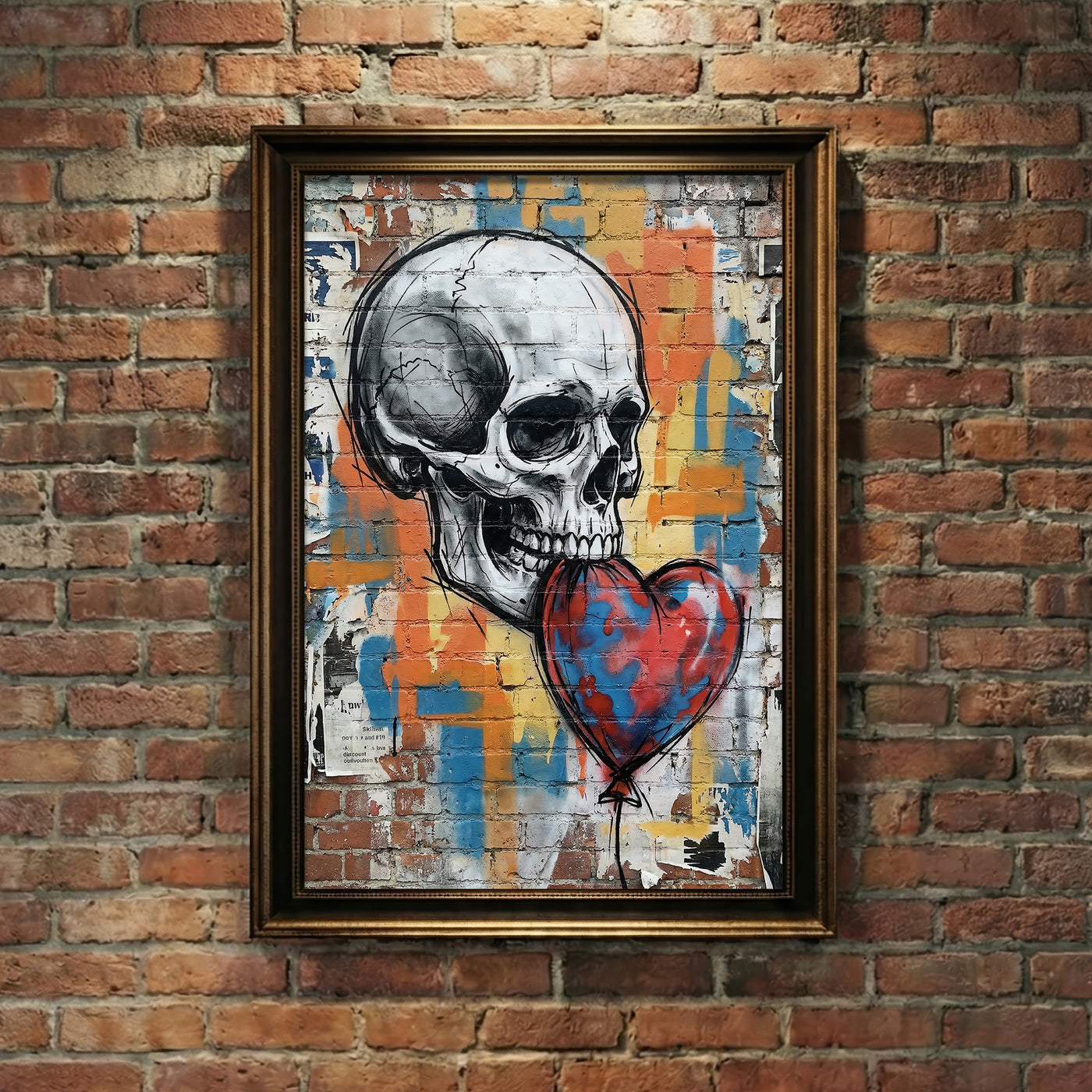 A gritty urban street art print featuring a detailed white skull holding a red and blue heart-shaped balloon in its teeth against a colorful graffiti-covered brick wall, created by Artazyn.