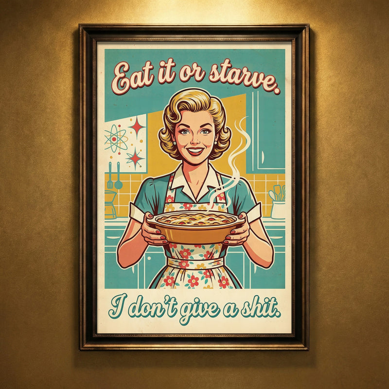Retro 1950s housewife holding a casserole with text "Eat it or starve, I don't give a shit", funny sarcastic kitchen art.
