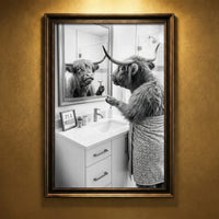 A crisp black and white photograph of a Highland cow looking in a bathroom mirror and holding a razor, with a small sign that says IT'S A PROCESS, created by Artazyn.