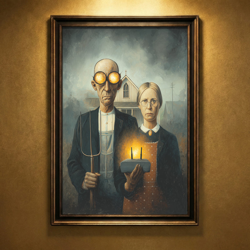 A parody of the American Gothic painting where the man wears glowing orange steampunk goggles and the woman holds a glowing wireless router.