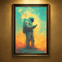 Colorful painterly art print of an astronaut standing on an alien planet looking at a smartphone, rendered in teal, yellow, and orange impasto strokes by Artazyn.