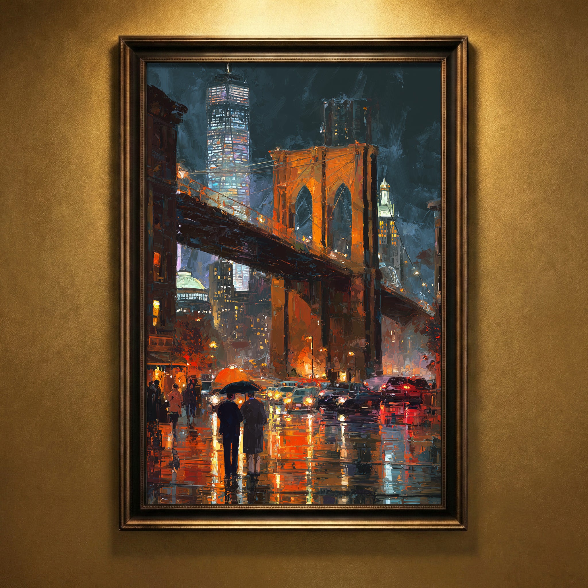 Thick impasto style oil painting of the Brooklyn Bridge illuminated at night during a rainstorm, with glowing orange lights reflecting on the wet street and two figures holding an umbrella, created by Artazyn.