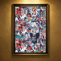 Edgy street art collage print featuring a tattooed Alice in Wonderland character wearing glasses and a t-shirt that says "Crazy Bitch" against a background of torn posters, created by Artazyn.