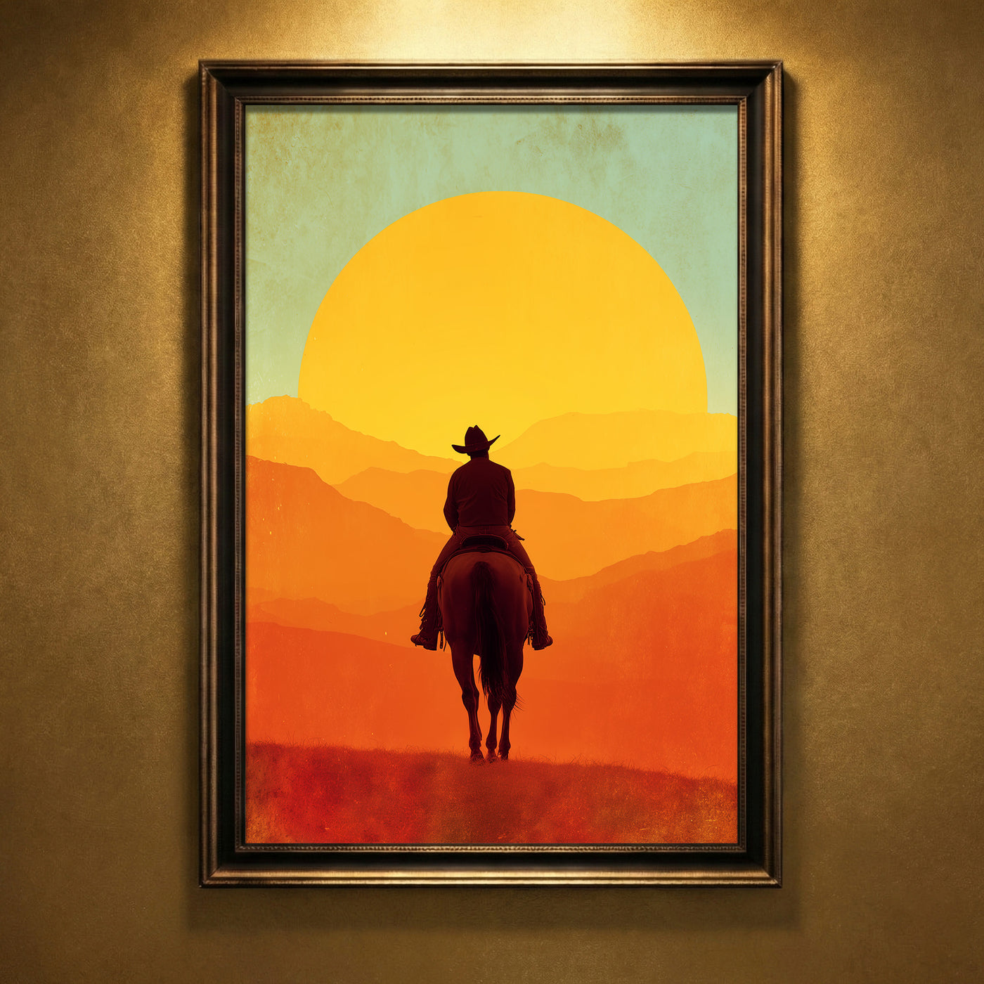 Retro vintage style illustration of a silhouette of a cowboy on horseback riding toward a massive bright orange and yellow setting sun over layered mountain ridges, created by Artazyn.